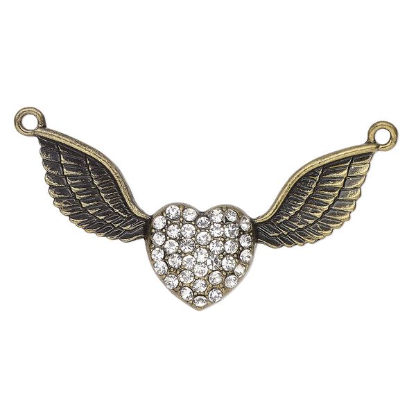 Focal, antique brass-finished "pewter" (zinc-based alloy) and glass, clear, 52x18mm heart with wings. Sold individually. image number 0