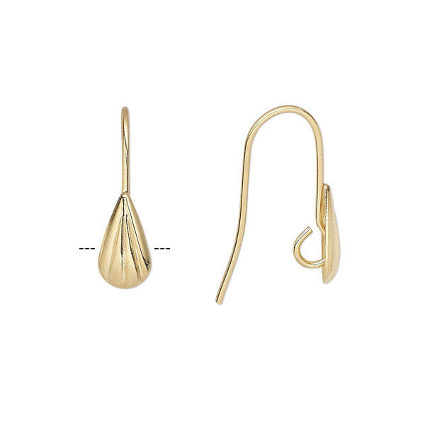Ear wire, gold-plated brass, 20mm fishhook with 9x5mm corrugated teardrop and hidden open loop, 22 gauge. Sold per pkg of 50 pairs. image number 0