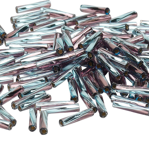 Bead, Miyuki, bugle bead, glass, pkg/50 g, 12x2.7mm center-drilled twisted, silver-lined translucent aquamarine blue/plum (TW-3938). image number 0