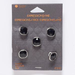 Slide, glass and silver-finished "pewter" (zinc-based alloy), black, 12x9mm faceted square and rounded square, 6.5mm hole. Sold per pkg of 5.