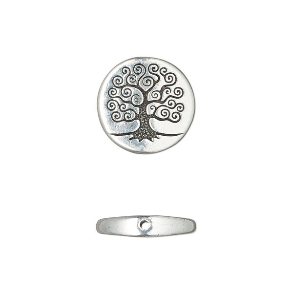 Bead, TierraCast®, "Soulful Spirit" collection, antique silver-plated pewter (tin-based alloy), 15mm flat round with tree of life design. Sold per pkg of 10. image number 0