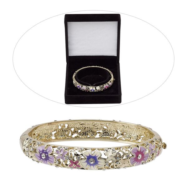 Bracelet, bangle, enamel / Czech glass rhinestone / gold-finished "pewter" (zinc-based alloy), clear / purple / multicolored, 11mm wide with flowers, 7 inches with hinged tab clasp. Sold individually. image number 0
