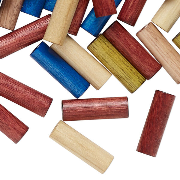 Bead mix, wood (natural/dyed/waxed), mixed colors, 16x5mm round tube. Sold per 1-ounce pkg, approximately 152 beads. image number 0