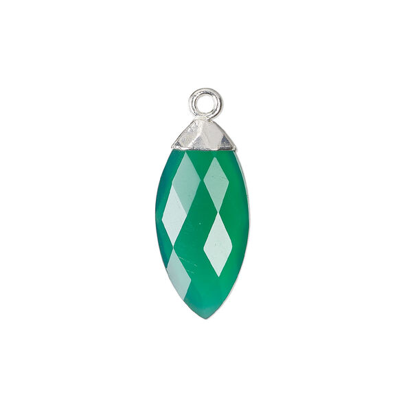 Drop, green onyx (dyed) / sterling silver / silver-plated copper, 19x9mm hand-cut faceted puffed marquise. Sold individually. image number 0