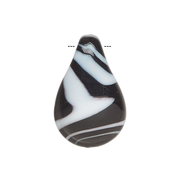 Drop, lampworked glass 1pkg1, opaque black and white, 27x21mm-28x18mm teardrop with swirl design. image number 1
