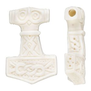 Bone 1pkg1, carved Thor hammer focal white 37x26mm