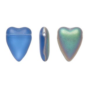 Bead, Czech pressed glass, frost iris blue, 18x13mm heart. Sold per 15" to 16" strand.