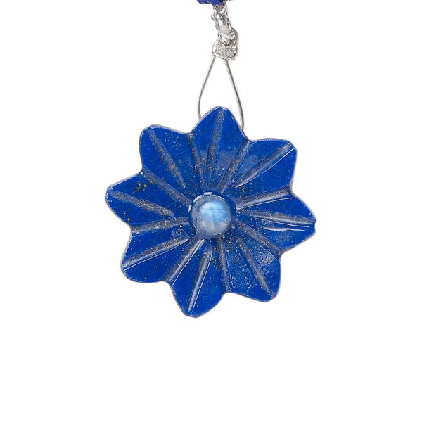 Lapis lazuli / rainbow moonstone 1pkg1, top-drilled hand-cut 1sided carved flower bead natural, 22mm image number 0