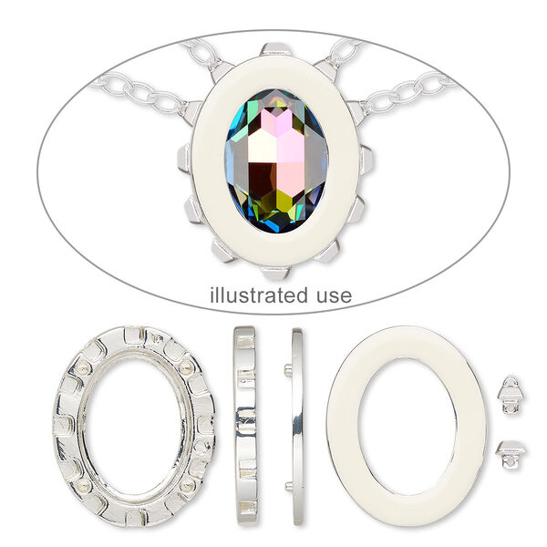 Mount, Miracle Mount™, enamel and silver-finished "pewter" (zinc-based alloy), white, 39x32mm oval with 30x22mm oval setting. Sold per 18-piece set. image number 0