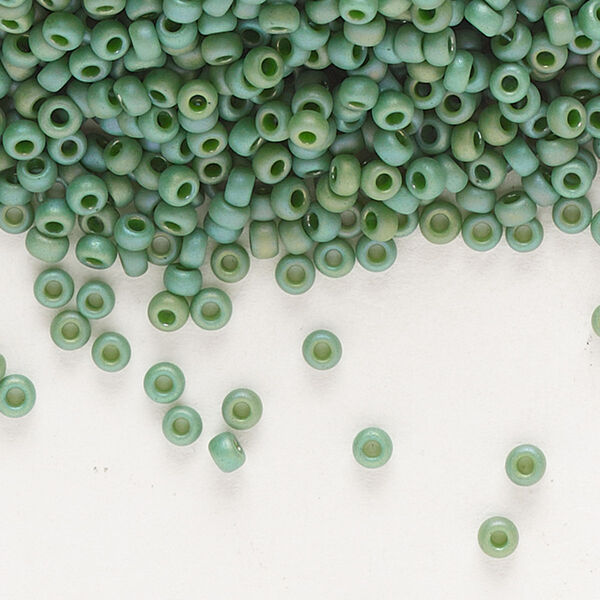 Seed bead, Miyuki, glass, pkg/25g, #11 rocaille, opaque matte rainbow turtle green, (RR-4699). image number 0