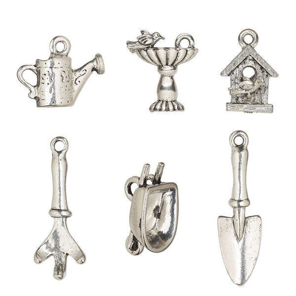 Charm set, antiqued pewter (tin-based alloy), 17x9mm-32x23.5mm garden theme. Sold per 6-piece set. image number 0
