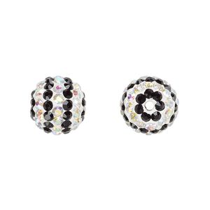 Bead, Egyptian glass rhinestone / epoxy / resin, white / black / clear AB, 12mm round with pavé striped design. Sold individually.