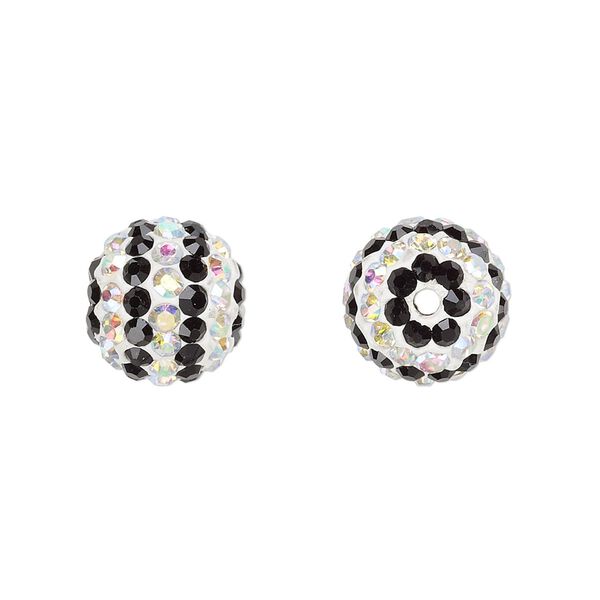 Bead, Egyptian glass rhinestone / epoxy / resin, white / black / clear AB, 12mm round with pavé striped design. Sold individually. image number 0