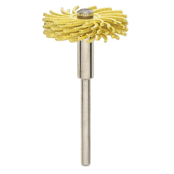 Bristle brush, 3M™ Scotch-Brite™, plastic and steel, yellow, 80-grit bristles, 1 inch with 2 x 1/8 inch shank for Jooltool™. Sold individually. image number 0