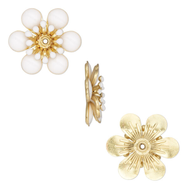 Component, epoxy and gold-finished copper, white, 21x19mm center-drilled single-sided flower. Sold per pkg of 2. image number 0