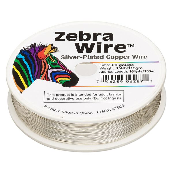 Wire, Zebra Wire™, silver-plated copper, round, 28 gauge. Sold per 1/4-pound spool, approximately 164 yards. image number 0