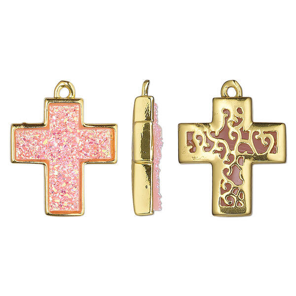 Drop, Druzylite™, "druzy" (resin) and gold-finished brass, pink, 18x16mm two-sided cross with open filigree back. Sold per pkg of 4. image number 0
