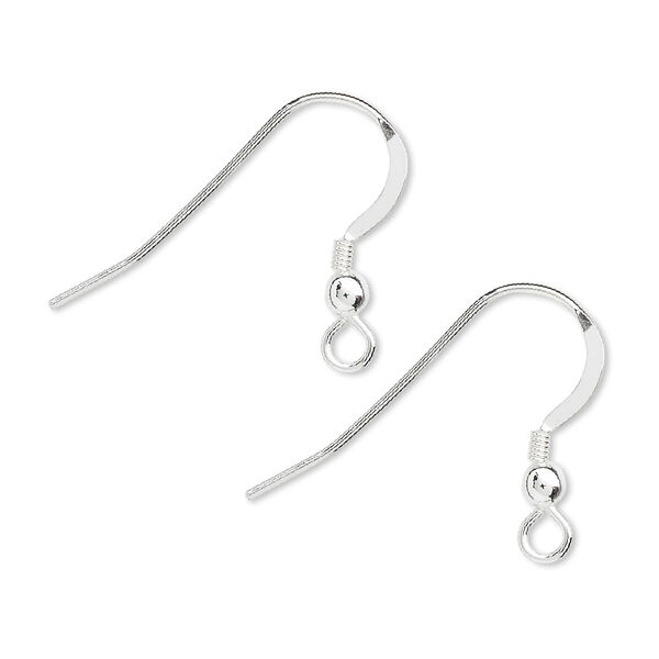 Ear wire, sterling silver, 19mm flat fishhook with 3mm ball and 2mm coil with open loop, 21 gauge. Sold per pkg of 5 pairs. image number 0