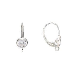 Ear wire leverback 1pkg2 sterling silver / cubic zirconia, 17mm / 6mm faceted round / open loop, clear 1 pair