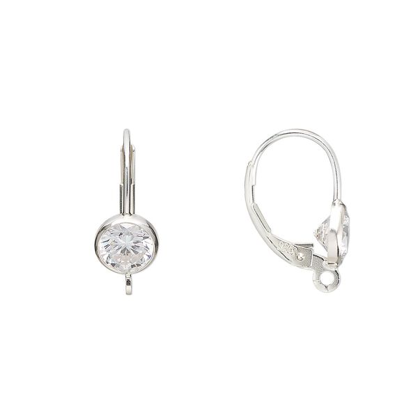 Ear wire leverback 1pkg2 sterling silver / cubic zirconia, 17mm / 6mm faceted round / open loop, clear 1 pair image number 0