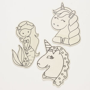 Focal assortment 1pkg3, wood (natural), tan and black, 4-1/2 x 2-1/2 mermaid / 4x3 inch unicorn / 4-1/2 x 3-1/4 inch unicorn head.