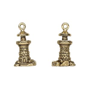 Charm, antique gold-plated pewter (tin-based alloy), 18x11mm 3D lighthouse. Sold per pkg of 2.