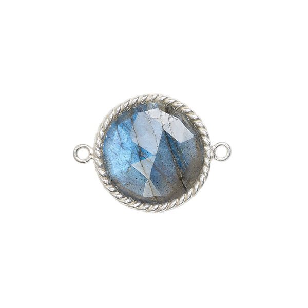 Link, labradorite (natural) and sterling silver, 17-19mm hand-cut double-sided faceted round with twisted wire design. Sold individually. image number 0
