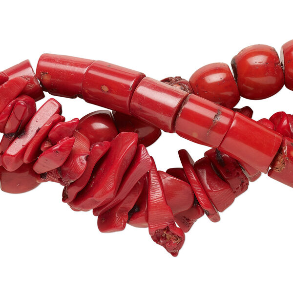 Bead mix, bamboo coral (dyed), red, 18x13mm-41x19mm mixed shapes, Mohs hardness 3-1/2 to 4. Sold per pkg of (3) 15-inch strands. image number 0