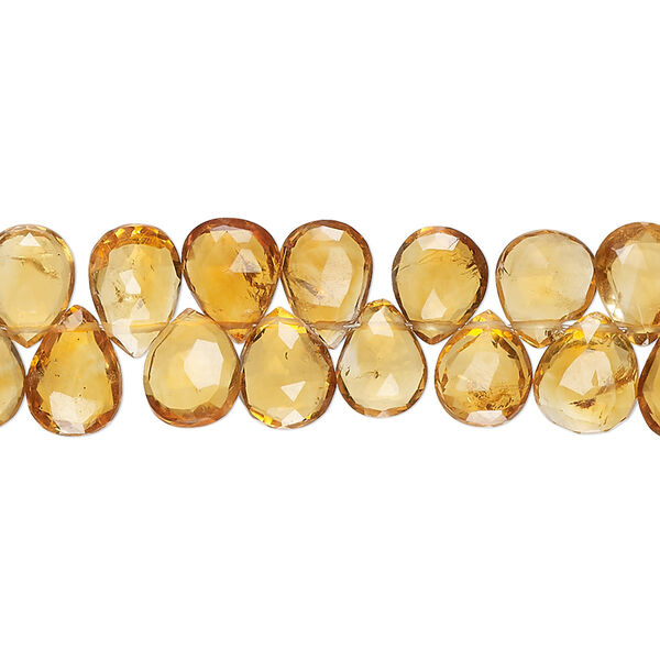 Bead, golden citrine (heated), 8x5mm-10x7mm hand-cut top-drilled faceted puffed teardrop, B+ grade, Mohs hardness 7. Sold per 8-inch strand, approximately 60 beads. image number 0