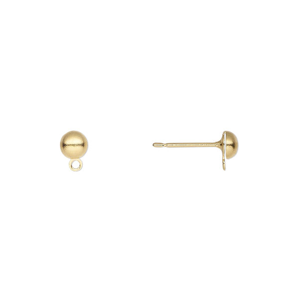 Earstud, gold-plated brass and stainless steel, 4mm half ball with closed loop. Sold per pkg of 50 pairs. image number 0