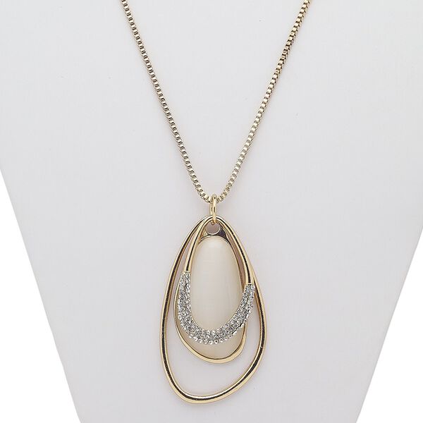 Necklace, glass rhinestone / cat's eye glass / gold-finished steel / "pewter" (zinc-based alloy), white and clear, 61x35mm freeform, 29 inches with 3-inch extender chain and lobster claw clasp. Sold individually. image number 0