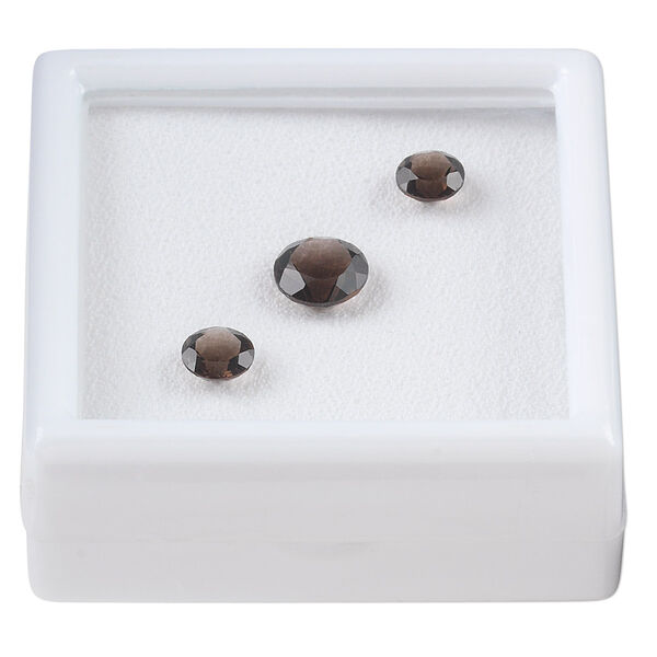 Gem, smoky quartz (heated / irradiated), (2) 6mm and (1) 8mm faceted round, A grade, Mohs hardness 7. Sold per pkg of 3. image number 0