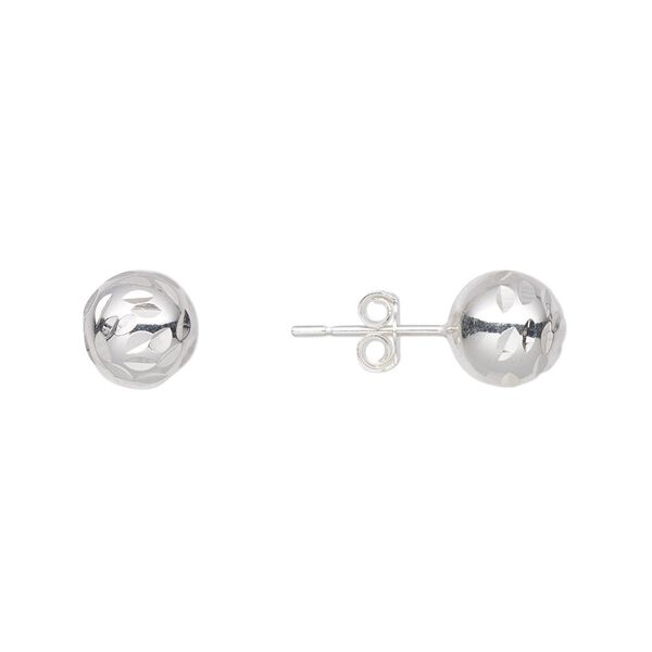 Earstud, sterling silver, 8mm diamond-cut ball with post. Sold per pair. image number 0