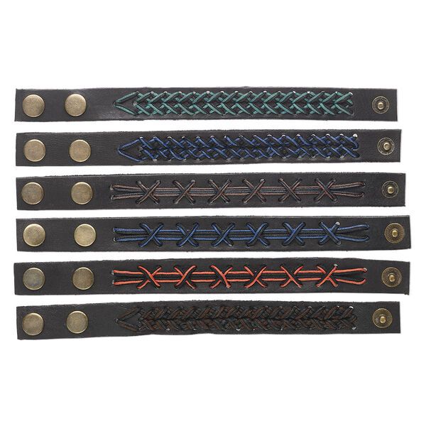 Bracelet mix, leather (natural / dyed) / waxed cotton cord / brass, mixed colors, 20mm wide, adjustable at 5-1/2 and 7 inches with snap closure. Sold per pkg of 6. image number 0