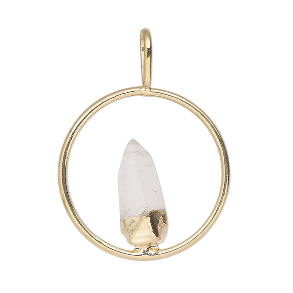 Pendant, Everyday Jewelry, gold-plated brass and quartz crystal (natural), 34x25mm-36x27mm open round. Sold individually. image number 0
