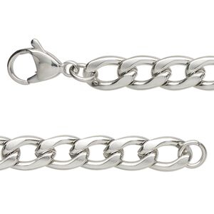 Chain, stainless steel, 7.2mm flat curb, 16 inches with lobster claw clasp. Sold individually.