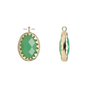 Drop, chalcedony (dyed) and gold-finished sterling silver, sea green, 15x11mm double-sided faceted oval. Sold individually.