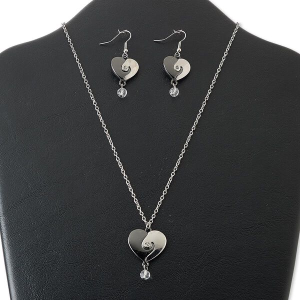 Necklace and earring set, glass / gunmetal- / imitation rhodium-finished steel / "pewter" (zinc-based alloy), clear, 25mm heart, 18 inches with 3-inch extender chain and lobster claw clasp, 3/4 inch earrings with fishhook ear wire. Sold per set. image number 0