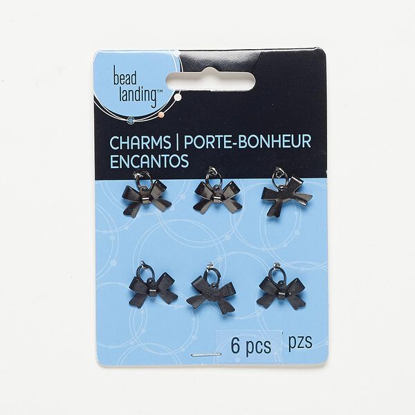 Charm, gunmetal-finished steel, black, 15x10mm bow. Sold per pkg of 6. image number 0