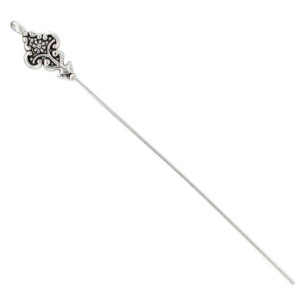 Head pin, antique silver-plated pewter (tin-based alloy) and brass, 3 to 3-1/2 inches with 16x10mm beaded head with loop, 18 gauge. Sold per pkg of 4. image number 0