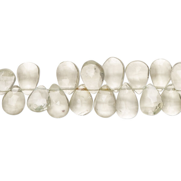 Bead, green quartz (heated), 7x5mm-10x6mm hand-cut top-drilled faceted puffed teardrop with 0.4-1.4mm hole, C grade, Mohs hardness 7. Sold per 7-inch strand. image number 0