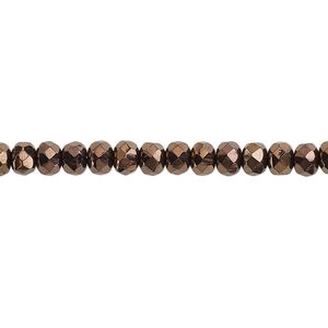 Bead, Czech fire-polished glass, opaque bronze, 5x4mm faceted rondelle. Sold per 15-1/2" to 16" strand.
