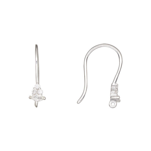 Ear wire, sterling silver and cubic zirconia, pkg/pair, clear, 17mm fishhook with closed loop, 19 gauge. image number 0