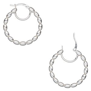 Hoop, sterling silver, 30mm beaded round with closed loop, 19 gauge. Sold per pair.