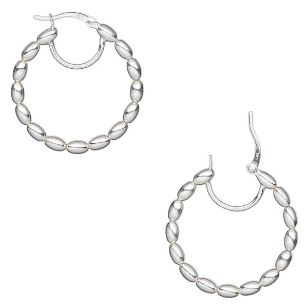Hoop, sterling silver, 30mm beaded round with closed loop, 19 gauge. Sold per pair. image number 0