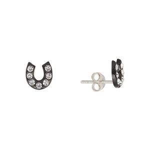 Earstud, Create Compliments®, sterling silver and crystal, black and clear, 8mm horseshoe. Sold per pair.