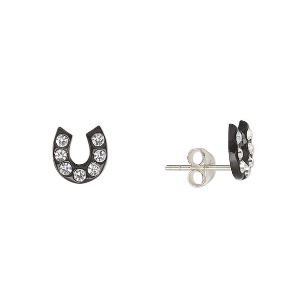 Earstud, Create Compliments®, sterling silver and crystal, black and clear, 8mm horseshoe. Sold per pair. image number 0