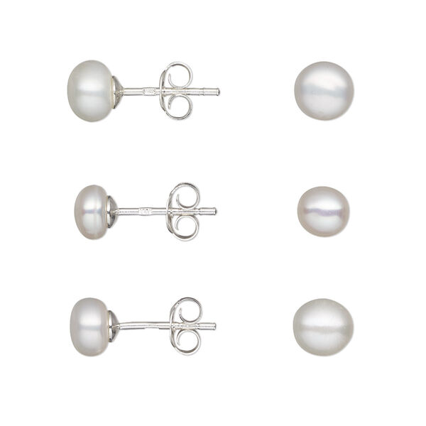 Earstud, cultured freshwater pearl (bleached) and sterling silver, white, 4-4.5mm / 5-5.5mm / 6-6.5mm button with post. Sold per pkg of 3 pairs. image number 0