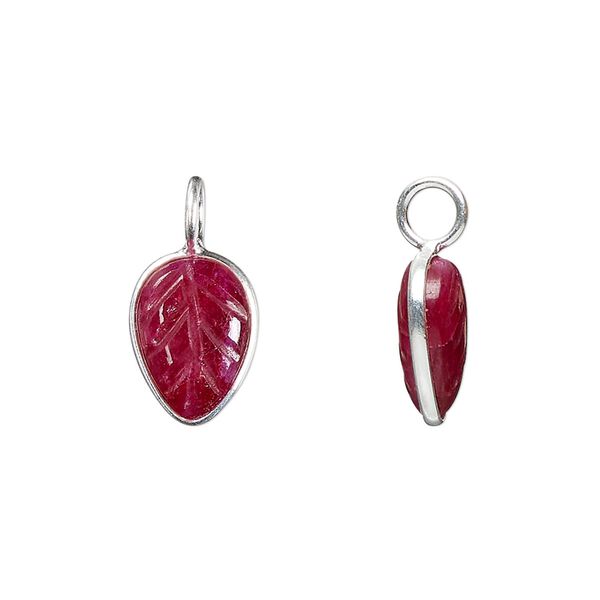 Drop, sterling silver and ruby (dyed), 14x9.5mm carved leaf. Sold individually. image number 0