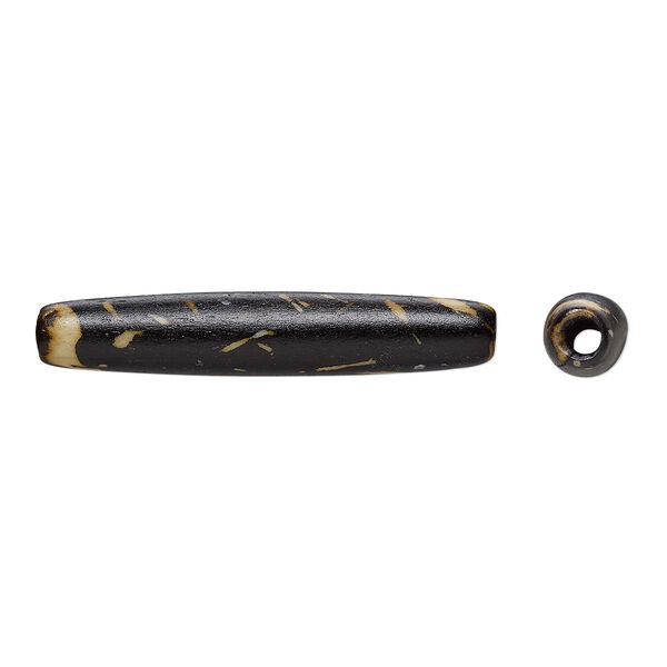 Bead, bone (dyed), black and beige, 35x6mm-35x8mm hand-cut hairpipe, Mohs hardness 2-1/2. Sold per pkg of 12. image number 0